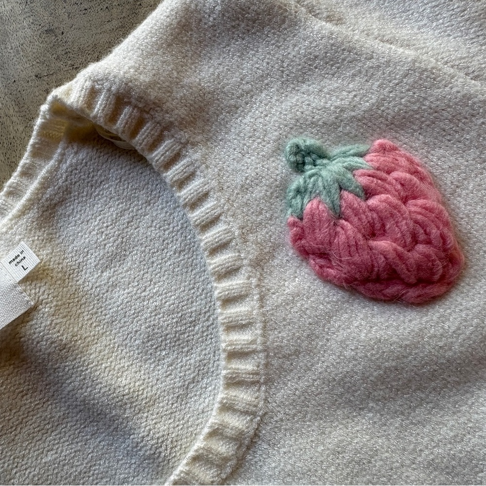 Strawberry Embroidered Cropped Short Sleeve Knit Top Cream & Pink by Luna Ivy - Picture 3 of 10
